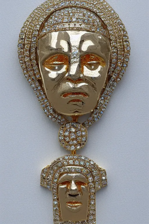 Image similar to diamond and gold pendant made in the shape of jesus's head with diamonds encrusted throughout the face in the style of hip hop jewelry
