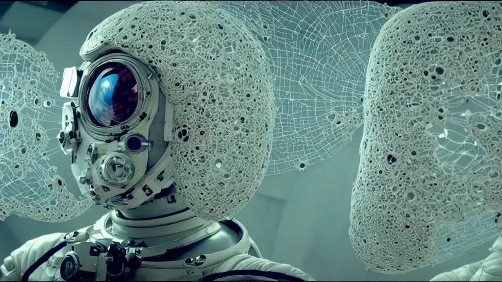 Image similar to a cybernetic symbiosis of a single astronaut eva suit with diamond 3d fractal lace iridescent bubble 3d skin covered with insectoid compound eye camera lenses floats through the living room, film still from the movie directed by Denis Villeneuve with art direction by Salvador Dalí, wide lens,