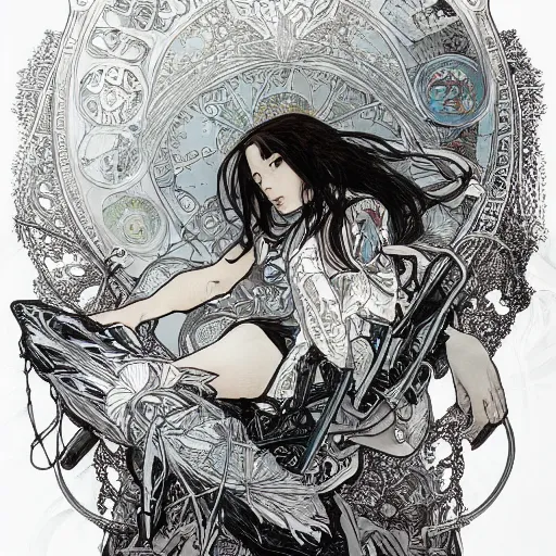 Image similar to alphonse mucha yoji shinkawa moebius jean girard shintaro kago junji ito esoteric hypnogogic ethereal ethereality dreamy combat mech cyberpunk synthwave gustave dore james gurney artstation rutowski artstation deviantart unsplash behance incredible intricate machinery illusionary art and trash polka