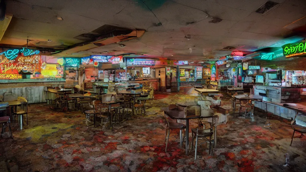 Prompt: psychedelic immaculate dogwood abandoned fastfood restaurant, postapocalypse, cinematic