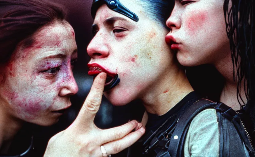 Image similar to cinestill 5 0 d photographic portrait by helen levitt of a kiss between two diverse loving female cyborgs wearing black techwear in a retrofuturist garden, extreme closeup, modern cyberpunk, dust storm, 8 k, hd, high resolution, 3 5 mm, f / 3 2, ultra realistic faces, intricate detail, ex machina