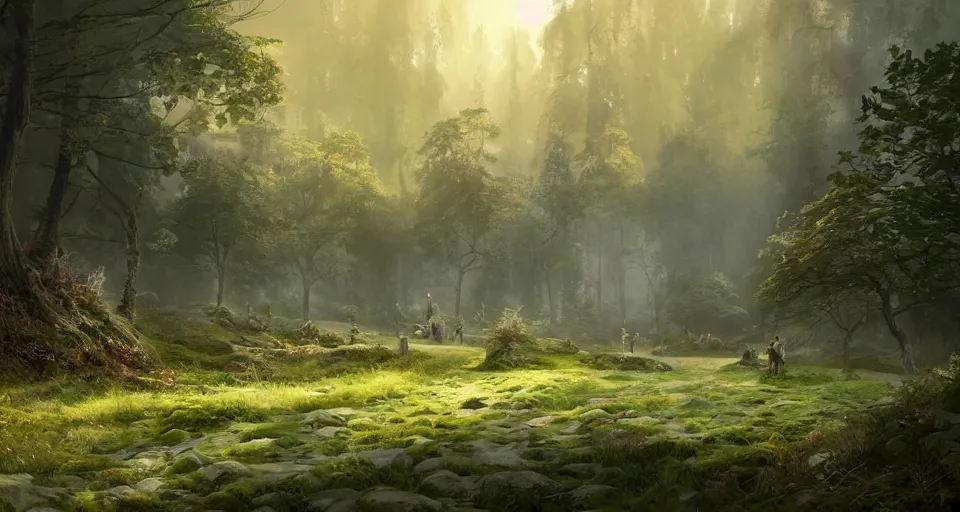 Image similar to Beautiful uplifting glade with elven pathmarkers along the road bg. J.R.R. Tolkien's Middle-Earth. Trending on Artstation. Digital illustration. Artwork by Darek Zabrocki and Sylvain Sarrailh. Concept art, Concept Design, Illustration, Marketing Illustration, 3ds Max, Blender, Keyshot, Unreal Engine, ZBrush, 3DCoat, World Machine, SpeedTree, 3D Modelling, Digital Painting, Matte Painting, Character Design, Environment Design, Game Design, After Effects, Maya, Photoshop.