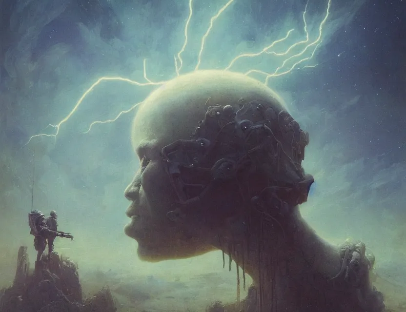 Prompt: a space laces kind of poster cinematic sci - fi scene portrait and science fiction theme with lightning, aurora lighting. clouds and stars. smoke. futurism. fantasy. by beksinski carl spitzweg and tuomas korpi. baroque elements. oil painting. dramatic. artstation. 8 k