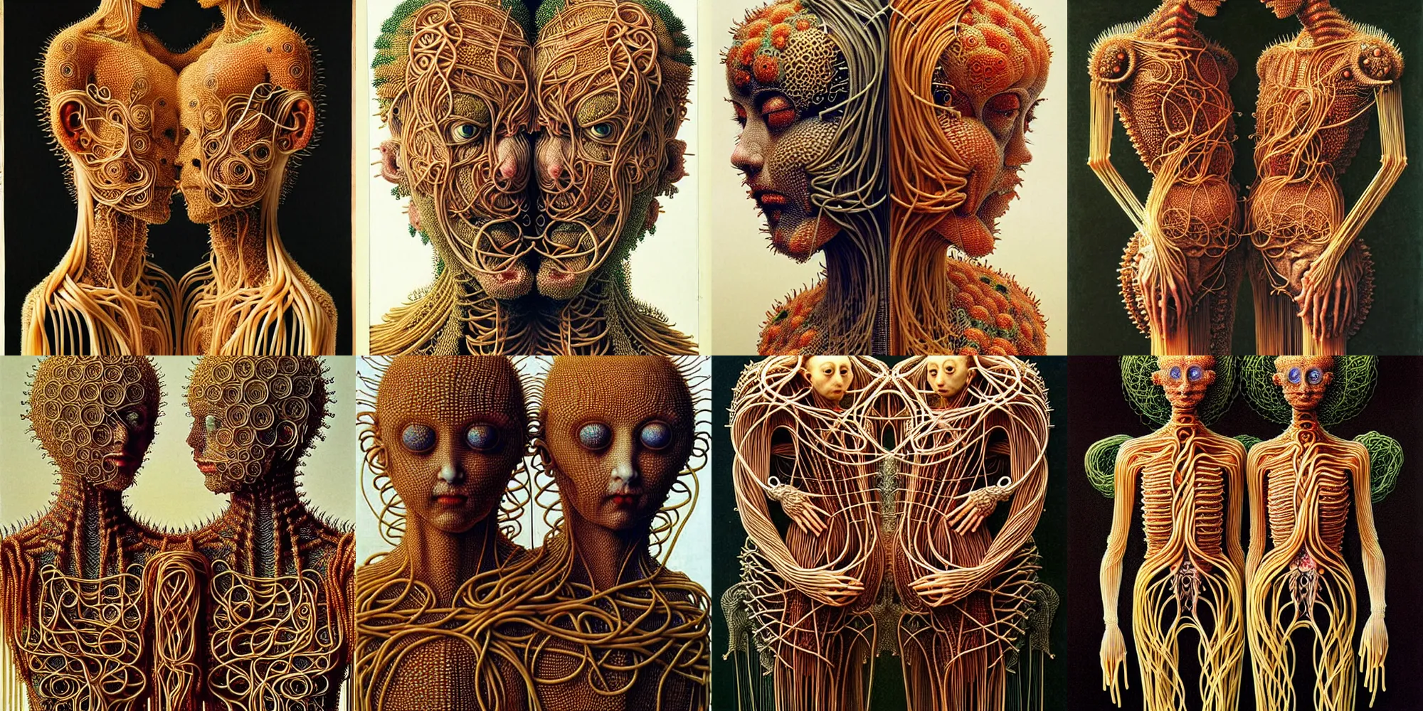 Prompt: full scale of siamese twins made of spaghetti, intricate and elegant armor made of fractals of spagetthi, highly detailed, by giuseppe arcimboldo and ambrosius benson, renaissance, a touch of beksinski and takato yamamoto, realistic