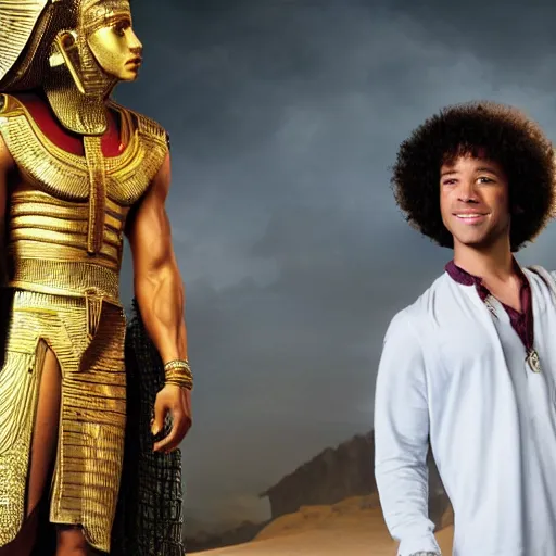 Prompt: High School Musical’s Corbin Bleu plays King Tutankhamen in the live action film The Prince of Egypt, still image taken by Blackmagic URSA on set