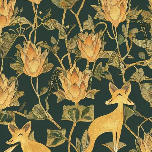 Prompt: Gilded lotus princess, 🦊 ivy, oriental wallpaper, 🌌james jean