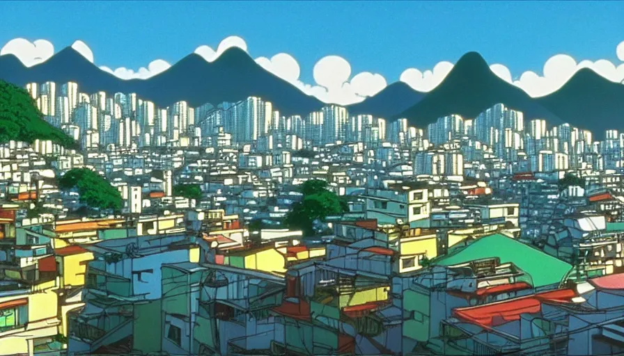 Image similar to 1 9 8 6 movie screencap of rio de janeiro, studio ghibli sky, beautiful favela background extremely utra high quality artwork 8 k