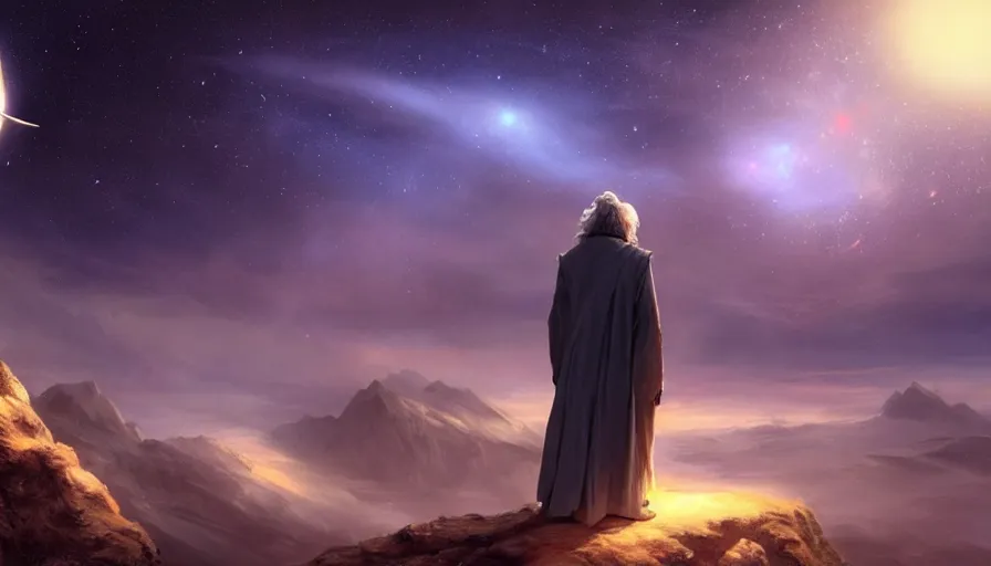 Prompt: a beautiful painting of gandalf watching a star going supernova in the sky of an alien world, ray traced lighting by jean kalin popov and greg rutkowski