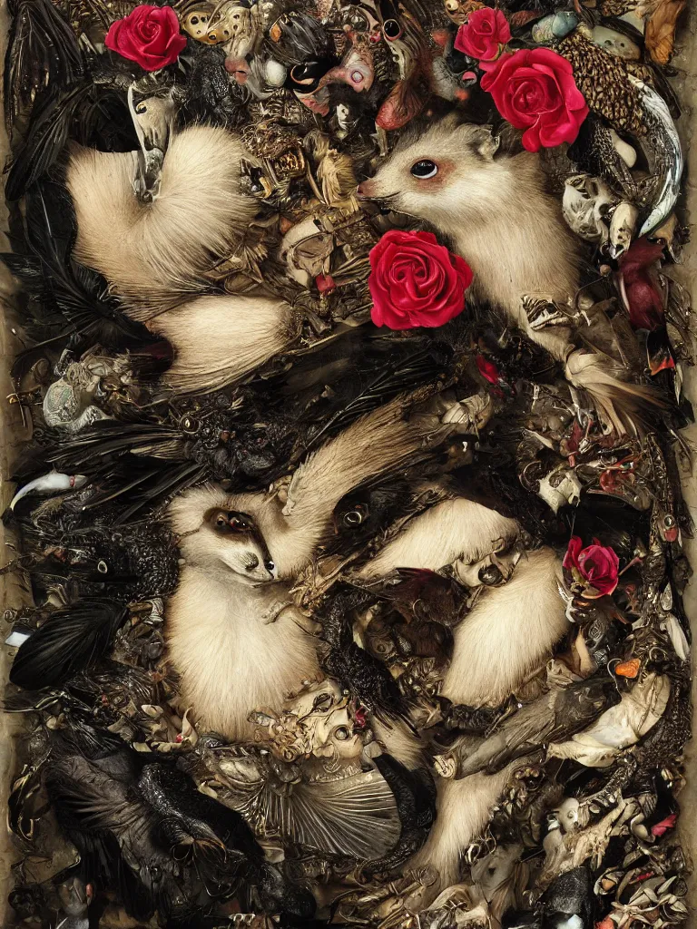 Image similar to Detailed maximalist portrait with cracked porcelain skin, dark doe eyes, a small rosebuf mouth, feather and milk, beetles and cicadas, fox fur and weasels, humminbirds and crows, HD mixed media, 3D collage, highly detailed and intricate, surreal illustration in the style of Caravaggio, dark art, baroque