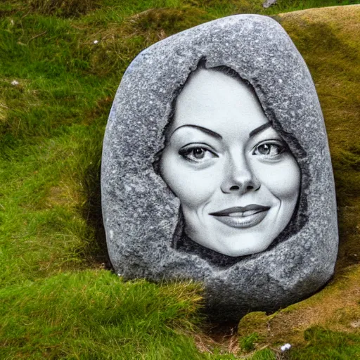 Prompt: big rock solid stone with the emerging face of emma stone buried inside the stone rock, realistic