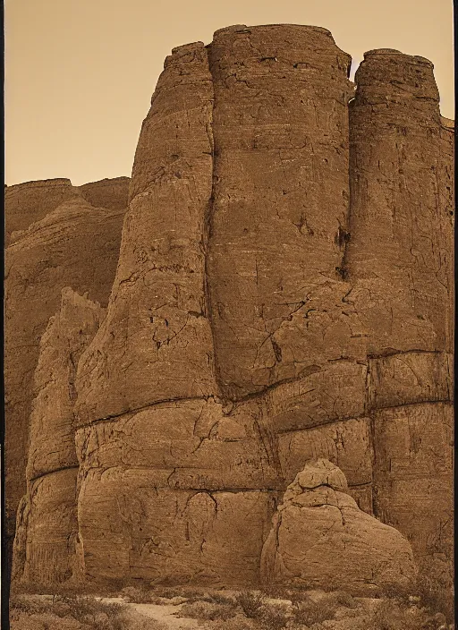 Prompt: Line wrawing by John Wesley Powell of towering rock formations carved by the wind, surrounded by sparse vegetation, sepia toned, Smithsonian American Art Museum.