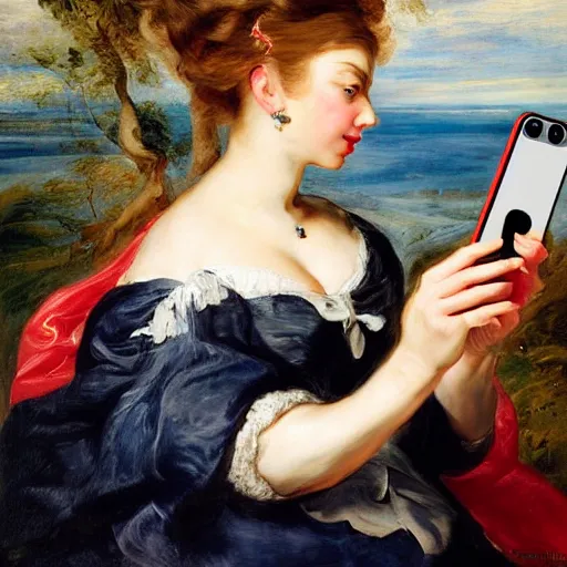 Image similar to heavenly summer sharp land sphere scallop well dressed lady taking a selfie with her iphone auslese, by peter paul rubens and eugene delacroix and karol bak, hyperrealism, digital illustration, fauvist, iphone