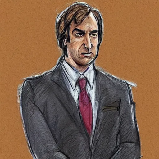 Image similar to a court sketch of saul goodman defending super mario in court, sketch art, court sketch art, saul goodman, mario, very sketchy court sketch