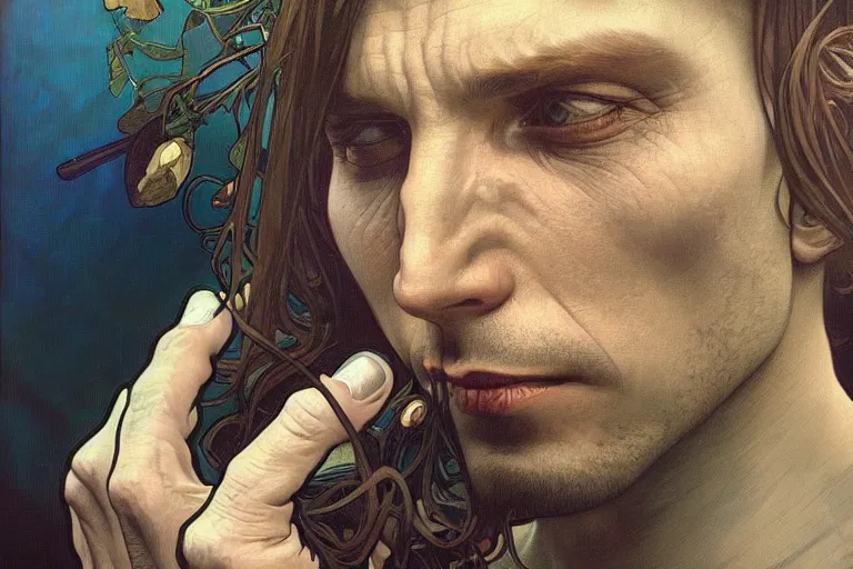 Image similar to hyper realistic portrait of the bends singer songwriter, by lee bermejo, alphonse mucha and greg rutkowski