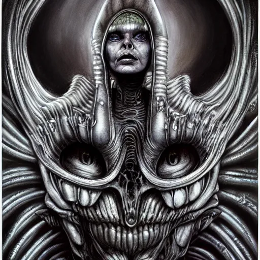 Image similar to Giger portrait of queen dragon, HD, soft shading, hyperdetailed, wide angle lens, fantasy, futuristic horror, style of giger