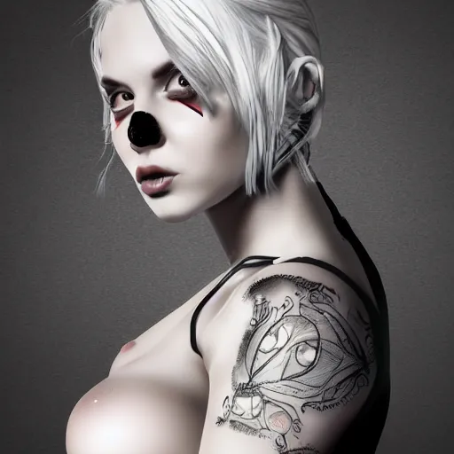 Prompt: Hot young woman, winking, grey skinned, void eyeballs, white hair, tattoos, wearing leather jacket and wifebeater tank top, digital art, concept art, ultra detailed, 4k,