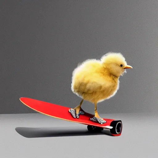 Image similar to fluffy chick riding skateboard, photorealistic