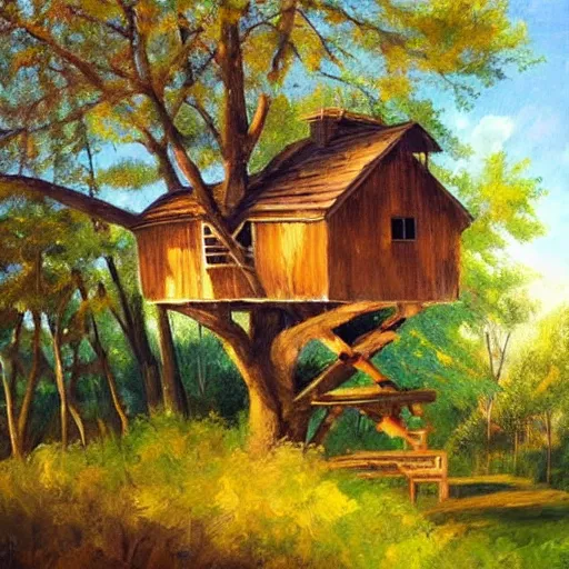 Image similar to treehouse in the countryside on a sunny day, peaceful, dreamy, brush strokes, oil painting