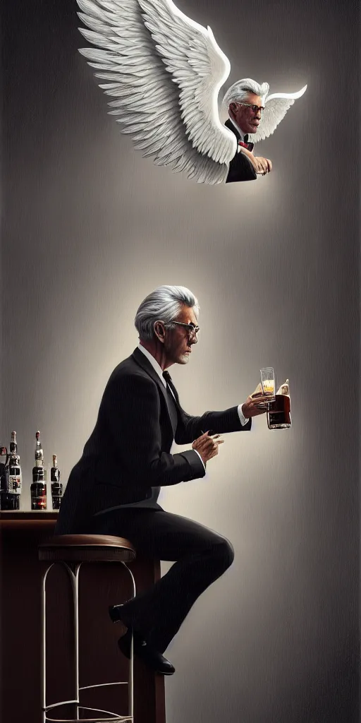 Prompt: hyper detailed ultra sharp of a beautiful deeply wistful grown male gray - haired angel with big wings sitting alone in the old bar with glass of whiskey, art by jack vettriano. trending on artstation, hyper detailed, digital art, cinematic lighting, 8 k