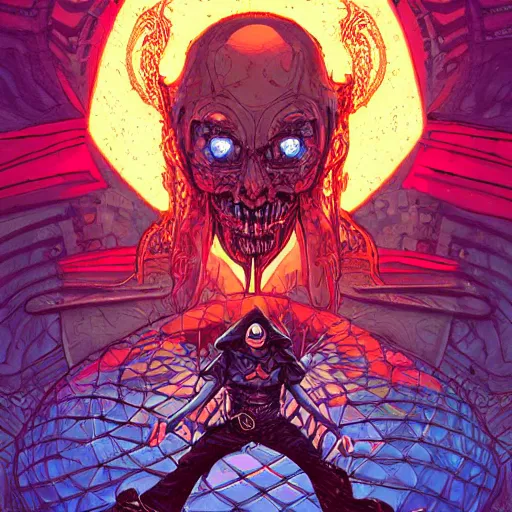 Prompt: precisely drawn illustration of a divine presence of made out of non - euclidean shapes, wide angle, no artefacts, sharp, fine details, french comic style, vibrant realistic colors, full color, heroic fantasy, clear detailed view, intense line art, 8 k, precise linework, realistic, in the style of heavy metal comics and richard corben and moebius
