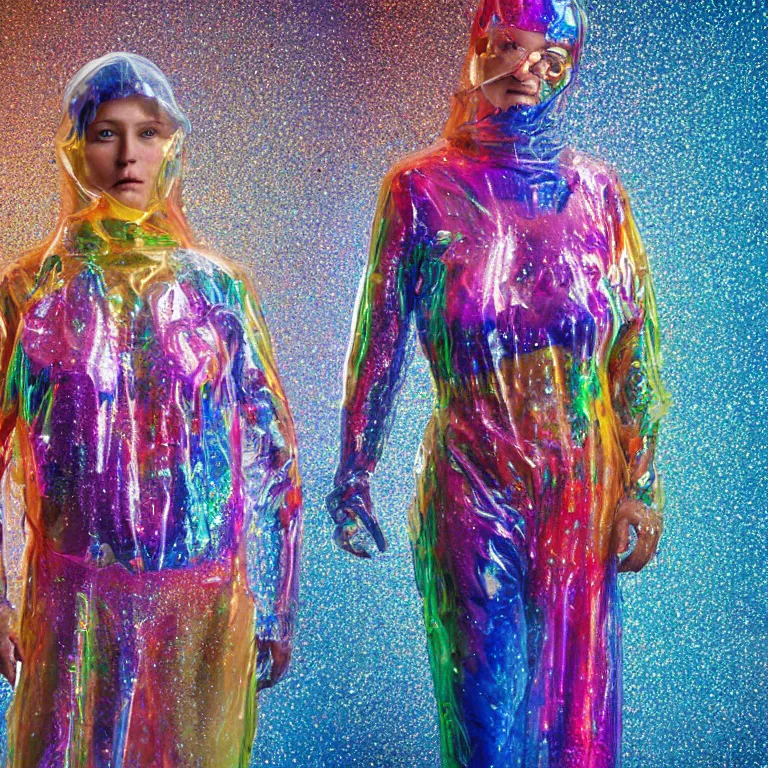 Prompt: octane render portrait by wayne barlow and carlo crivelli and glenn fabry, a woman wearing a clear plastic suit full of colorful thick fluid full of glitter, standing in front of a giant sheet of tie - dye aluminum foil, cinema 4 d, ray traced lighting, very short depth of field, bokeh