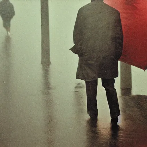 Prompt: “Saul Leiter style photograph of a man taking shelter in a rainstorm under a bridge, extremely detailed, hyper realistic, melancholy, by Saul Leiter”