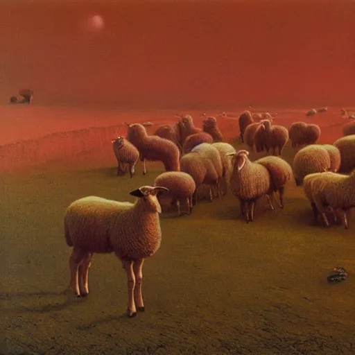 Image similar to sheeps in a farm after nuclear winter by zdzisław beksinski