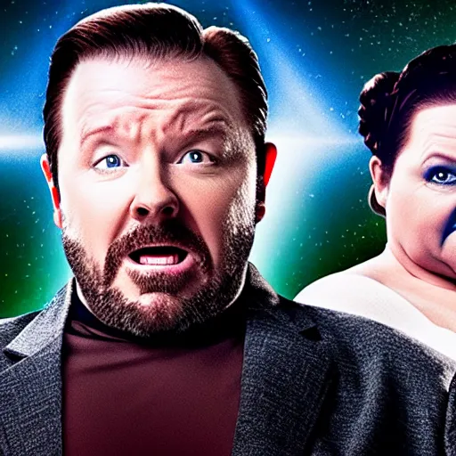 Prompt: movie shot from a sci - fi absurdist comedy with ricky gervais played by melissa mccarthy, dramatic