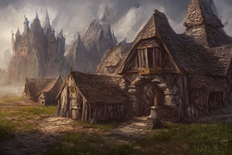 Image similar to A small medieval settlement, fantasy, D&D, concept art, sharp focus, trending on artstation, digital painting, midday, sunny, beautiful, texture, wizards of the coast, tabletop, roleplay