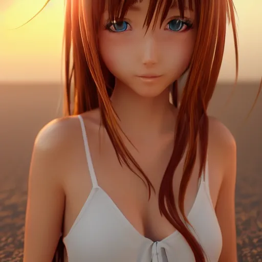 Image similar to Render of a very beautiful 3d anime girl, long hair, hazel eyes, cute freckles, full round face, short smile, cute sundress, golden hour, serene beach setting, cinematic lightning, medium shot, mid-shot, highly detailed, trending on Artstation, Unreal Engine 4k, cinematic wallpaper