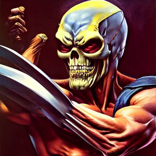 Image similar to ultra realistic portrait painting of skeletor as wolverine, art by frank frazetta, 4 k, ultra realistic, highly detailed, epic lighting