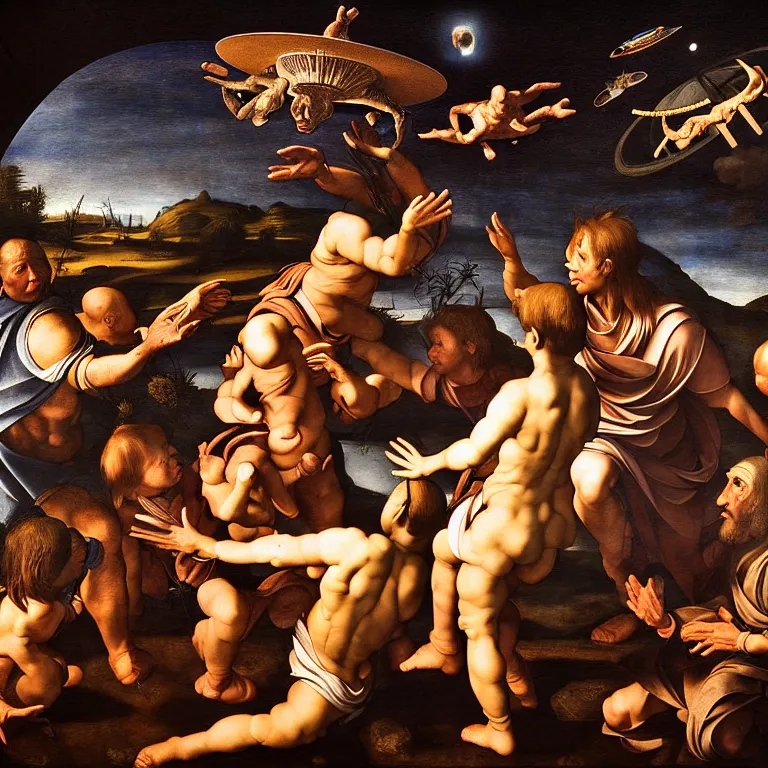 Prompt: portrait of prehistoric man meeting Aliens, UFO flying saucer in the sky, prehistoric times, prehistory, baroque painting, beautiful detailed intricate insanely detailed 8K artistic photography, photorealistic, chiaroscuro, Raphael, Caravaggio