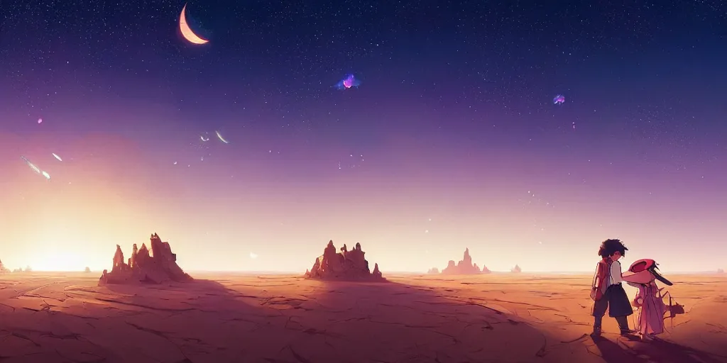 Prompt: desert with sky with stars by studio ghibli, pixar and disney animation, sharp, anime key art by rossdraws greg rutkowski craig mullins, bloom, back lighting