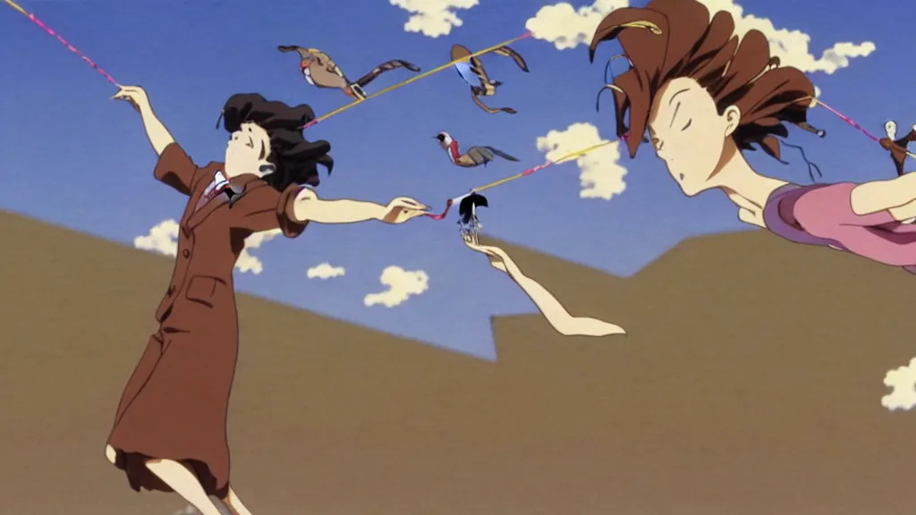 Image similar to a woman wearing a brown dress suit and a pigeon mask surfing on a kite the air in Tokyo, anime film still from the an anime directed by Katsuhiro Otomo with art direction by Salvador Dalí, wide lens