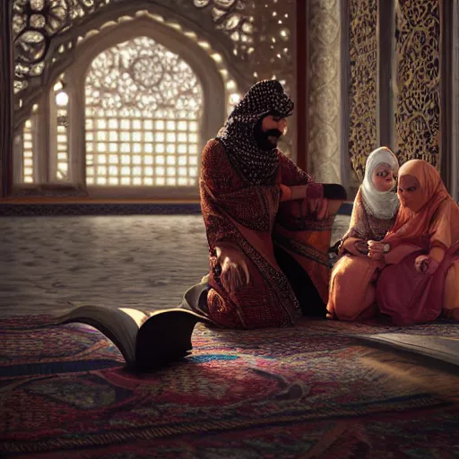 Image similar to prophet muhammed on date with 9 year old aisha, trending on artstation, photorealistic, high resolution, 8 k, octane, hyper detailed, trending on deviantart insane details, intricate, elite, ornate, elegant trend, highly detailed and intricate, sharp focus, photography, unreal engine