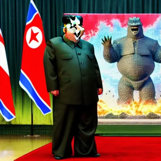 Image similar to kim jong - un as a giant robot fighting godzilla award winning photo