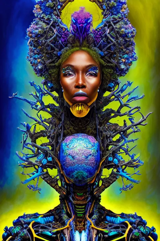 Image similar to hyperrealistic maximalist super expressive! black woman with exoskeleton armor, merging with tree in a forest, highly detailed digital art masterpiece smooth cam de leon hannah yata dramatic pearlescent blue yellow light ground angle hd 8k sharp focus