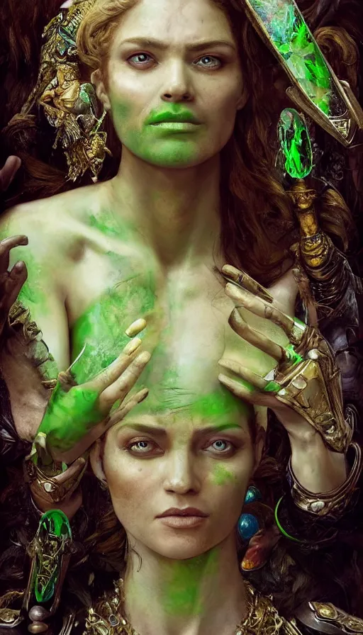 Prompt: epic masterpiece portrait of a queen with a goblet, on the battlefield, tribe makeup and jewelry, sweaty skin, hyperrealistic, octane render, cinematic, followed by heads with many faces, beautiful face and flawless skin, perfect hands, emeralds by Edgar Maxence and Ross Tran and Michael Whelan, Legends of Runeterra