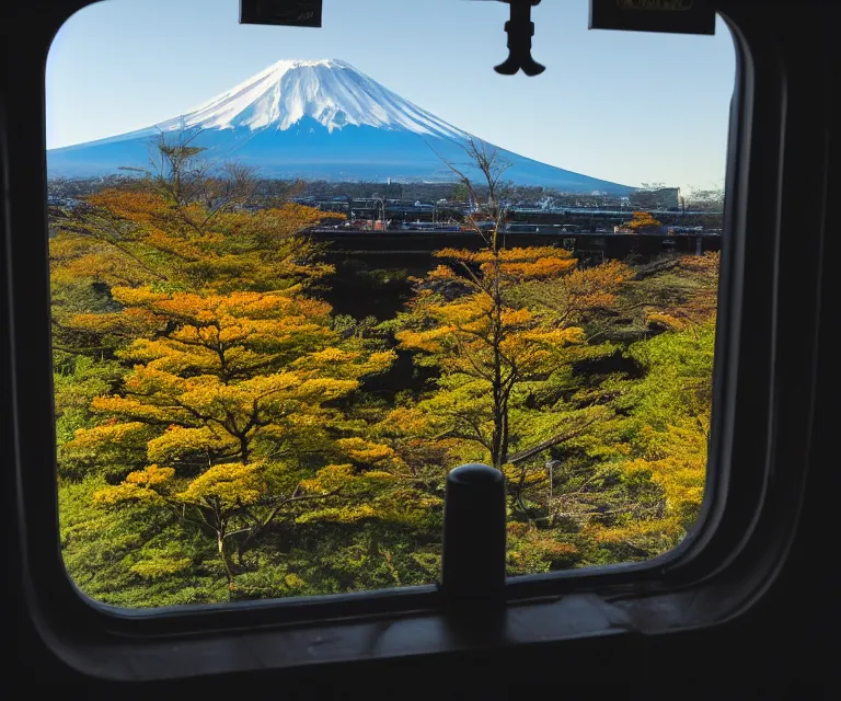 Image similar to a photo of mount fuji, among beautiful japanese landscapes, seen from a window of a train. dramatic lighting.