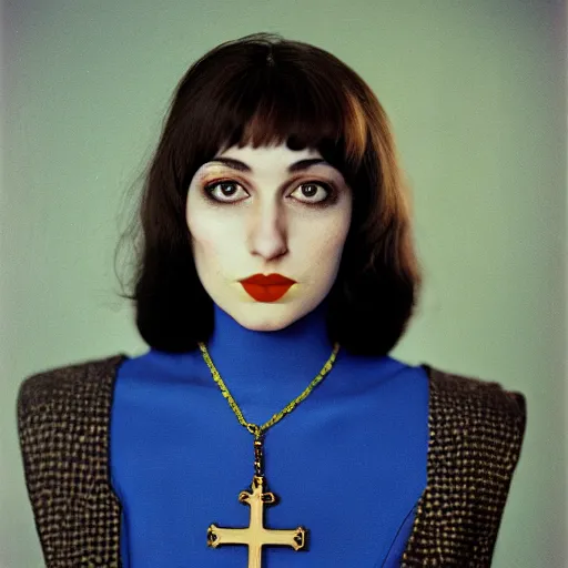 Prompt: close-up, color slide, Kodak Ektachrome E100, studio photographic portrait of Death as a young attractive, pale girl, gorgeous face, wears Egyptian Ankh Cross Pendant Necklace, Neo-Gothic looking, intricate, elegant, blue hour, casual, lifelike, realistic, punk, Nikon camera, 75mm lens, f/2.8 aperture, HD, deep depth of field, sharp focus, rich deep moody colors, masterpiece image, highly detailed, Shutterstock, Curated Collections, Sony World Photography Awards, Pinterest, by Annie Leibovitz