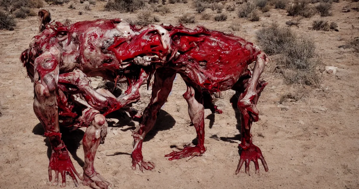 Image similar to in the desert a bloody gross horrifying creature made of muscle and bone and blood stares at the camera, eating, mid day, 35mm photography, realistic,