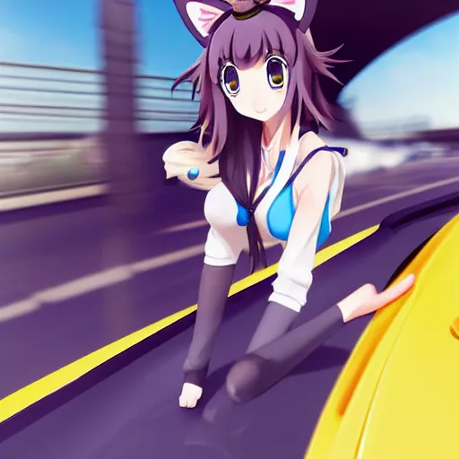 Image similar to 3 d photo of an anime girl with cat ears and long hair looking to her side, racing down a tokyo highway in the drivers seat of an alpine a 1 1 0, bokeh, shader, anime art style, highly detailed, cel - shaded, colorful, animated, trending