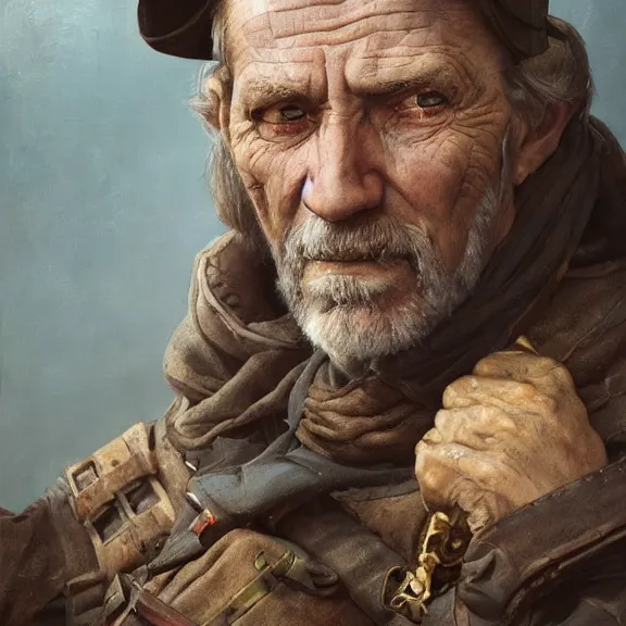 Image similar to excellent painted portrait of a retired elderly 15th century swiss mercenary, high quality painting with detailed face, 4k, trending on artstation, octane render, art by artgerm and greg rutkowski and alphonse mucha and craig mullins and James Jean and Andrei Riabovitchev and Marc Simonetti and peter mohrbacher