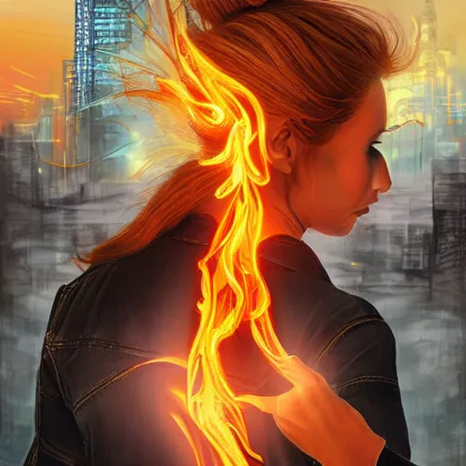 Image similar to young blonde with long hair woman from behind with flames coming out of hands flying in a cyberpunk city, very detailed, realistic, symmetrical face, art by digital painting,