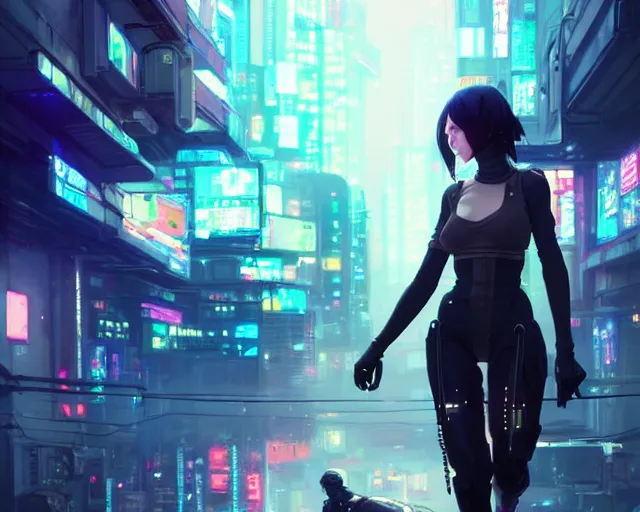 Image similar to Beautiful full body portrait of beautiful cyberpunk woman by Greg Rutkowski and Krenz Cushart and Pan_Ren_Wei and Hongkun_st and Bo Chen and Enze Fu and WLOP and Alex Chow, Madhouse Inc., anime style, crepuscular rays, set in rainy futuristic cyberpunk Tokyo street, dapped light, dark fantasy, feminine figure, smooth skin, gorgeous, pretty face, beautiful fashion model body, high detail, hyper realistic, cgsociety, trending on artstation