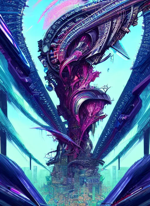 Image similar to hyper detailed ultra sharp of a goddesscore slutpunk biocore overcrowded flying island city trending on artstation, warpaint aesthetic, earthwave, colorful, psychedelic, ornate, intricate, digital painting, concept art, smooth, sharp focus, illustration, art by artgerm and greg rutkowski and h. r. giger, 8 k