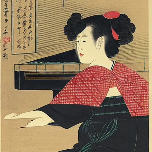 Image similar to girl with curly blonde hair sitting at a piano, painting by utamaro