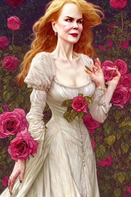 Image similar to Nicole Kidman dressed in a victorian roses dress fashion, D&D, fantasy, intricate, elegant, highly detailed, digital painting, artstation, concept art, matte, sharp focus, illustration, art by Artgerm and Greg Rutkowski and meredit frampton and Alphonse Mucha