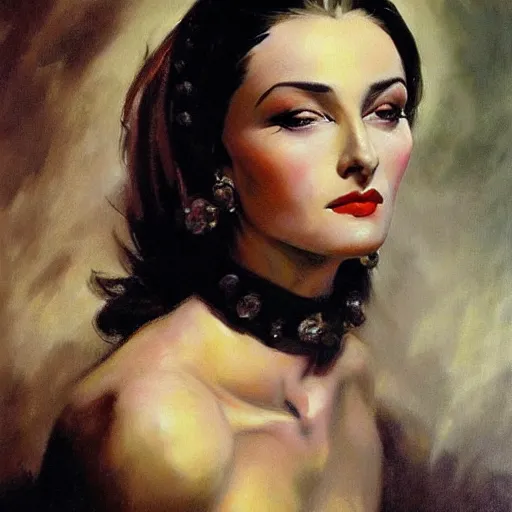 Prompt: ultra realistic portrait painting of lady dimitrescu, art by frank frazetta, 4 k, ultra realistic, highly detailed, epic lighting.