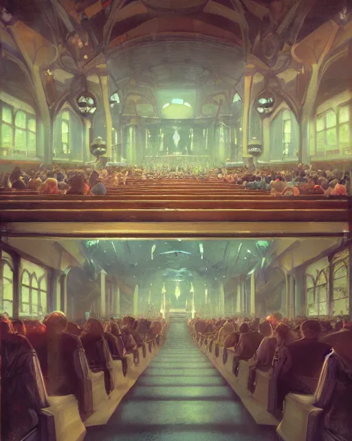 Image similar to ghibli and craig mullins digital matte art of a crowd in a futuristic church, priest, pews, ethereal, inviting, bright, unreal engine, hyper realism, realistic shading, cinematic composition, realistic render, octane render, detailed textures, photorealistic, wide shot